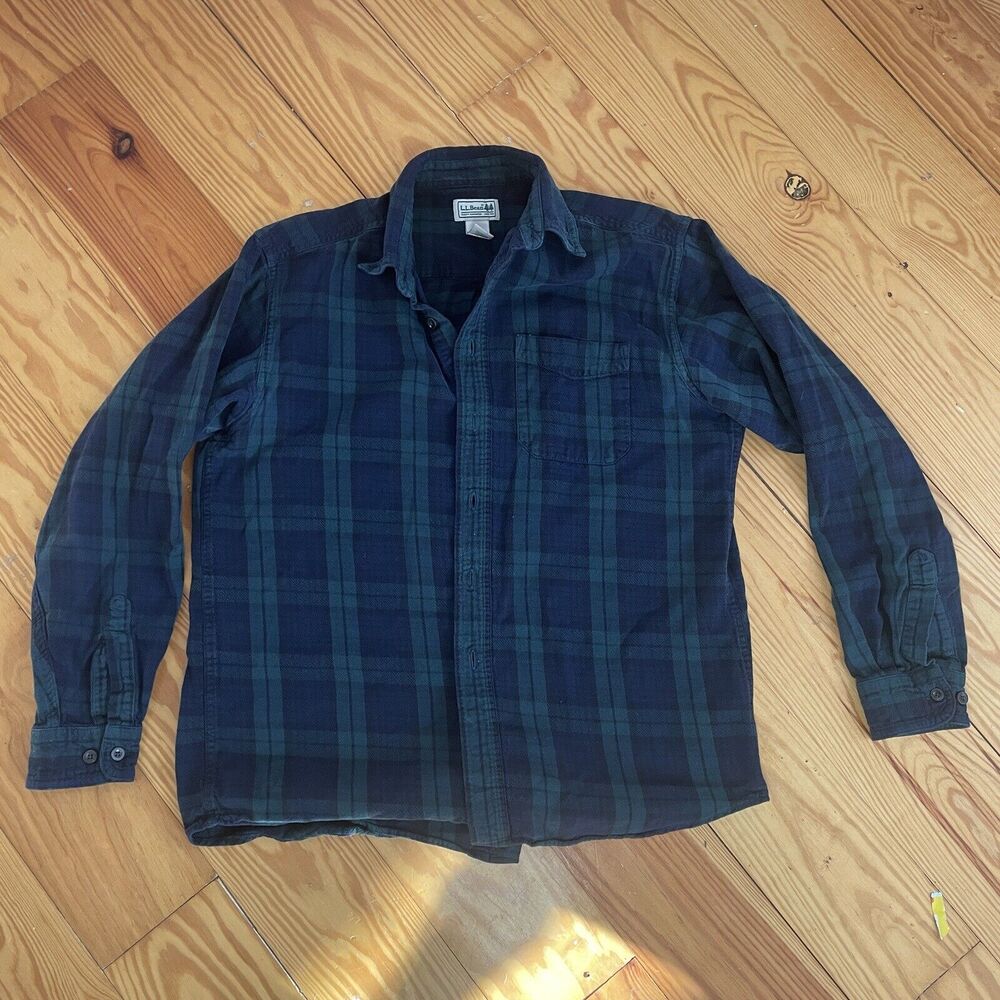 LL Bean Scotch Plaid Flannel Shirt Traditional Fit Men's Medium Reg Blue Green